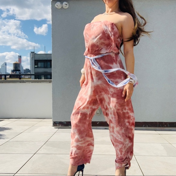 Free People Marble Abstract Cloud Camo Tie Dye Strapless Jumpsuit - Picture 2 of 16